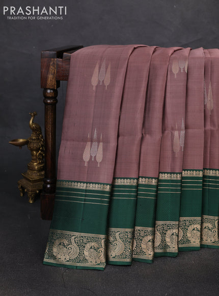 Pure soft silk saree rosy brown and bottle green with zari woven buttas and long zari woven border