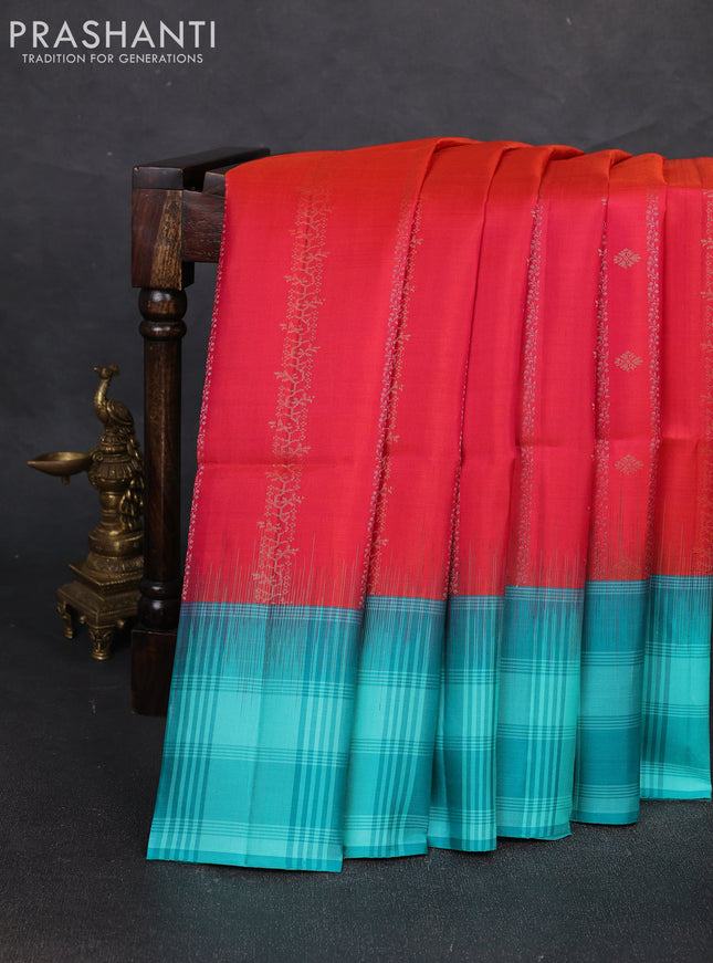Pure soft silk saree dual shade of pink and teal blue with allover zari weaves & buttas and long simple border