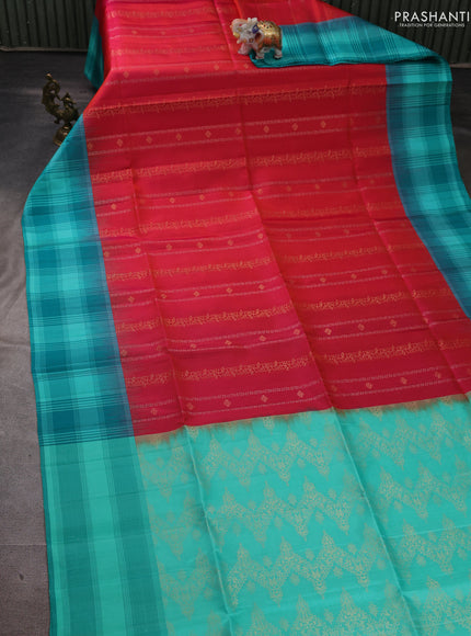 Pure soft silk saree dual shade of pink and teal blue with allover zari weaves & buttas and long simple border
