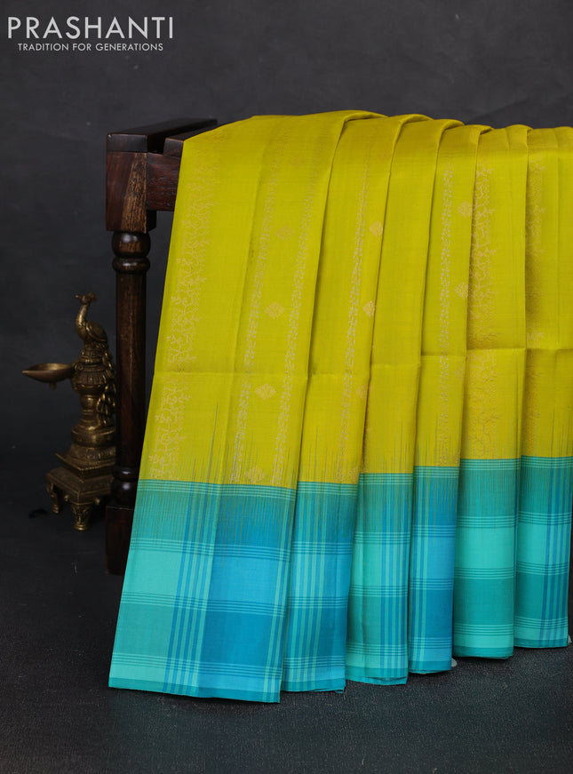 Pure soft silk saree lime yellow and teal blue with allover zari weaves & buttas and long simple border
