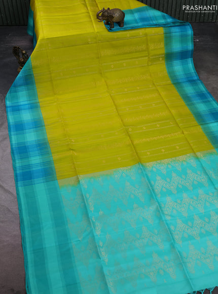 Pure soft silk saree lime yellow and teal blue with allover zari weaves & buttas and long simple border