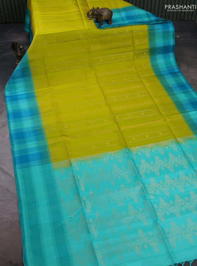 Pure soft silk saree lime yellow and teal blue with allover zari weaves & buttas and long simple border