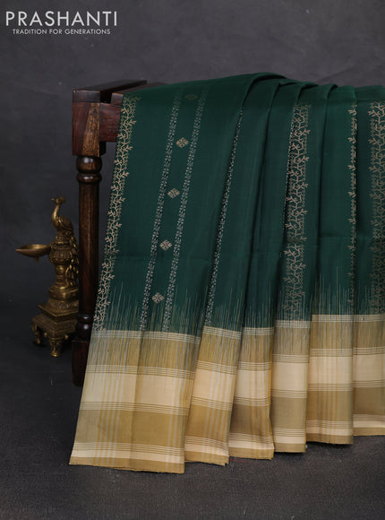 Pure soft silk saree bottle green and beige with allover zari weaves & buttas and long simple border