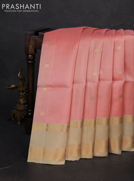 Pure soft silk saree peach shade and beige with zari woven buttas and rettapet zari woven border