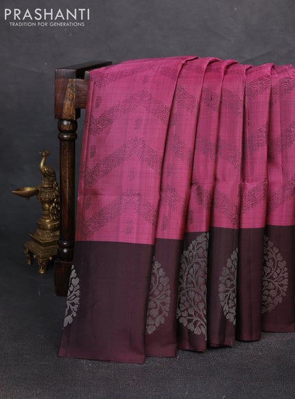 Pure soft silk saree magenta pink and deep wine shade with allover weaves and silver zari woven butta border