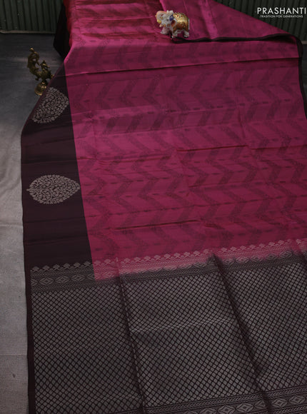 Pure soft silk saree magenta pink and deep wine shade with allover weaves and silver zari woven butta border