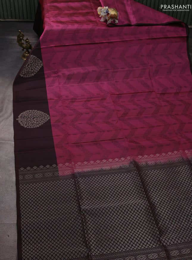 Pure soft silk saree magenta pink and deep wine shade with allover weaves and silver zari woven butta border