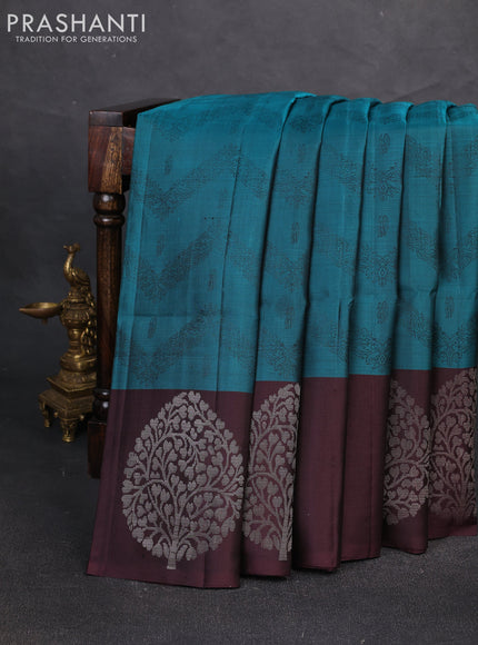 Pure soft silk saree peacock green and deep wine shade with allover weaves and silver zari woven butta border
