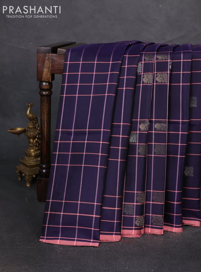 Pure soft silk saree navy blue and mild peach pink with allover checks & zari buttas and piping border