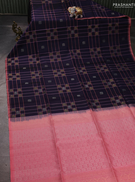 Pure soft silk saree navy blue and mild peach pink with allover checks & zari buttas and piping border
