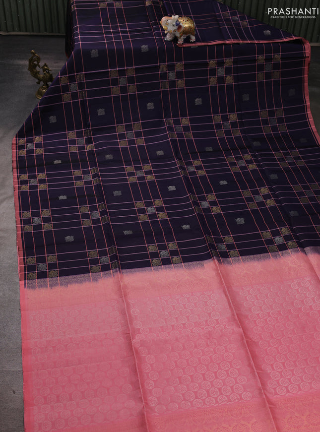 Pure soft silk saree navy blue and mild peach pink with allover checks & zari buttas and piping border