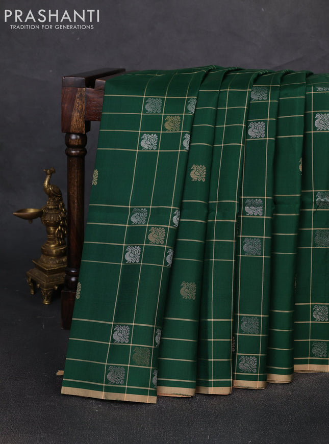Pure soft silk saree green and sandal with allover checks & zari buttas and piping border
