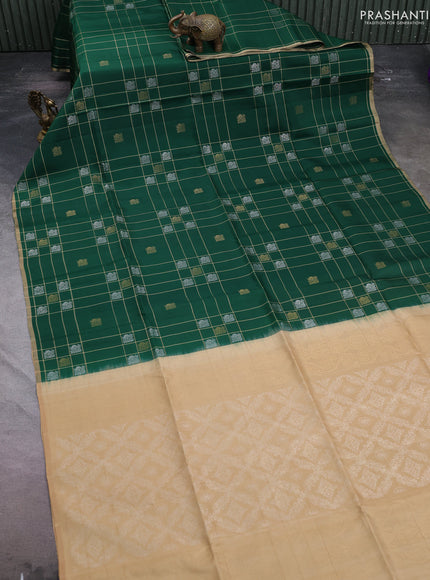 Pure soft silk saree green and sandal with allover checks & zari buttas and piping border