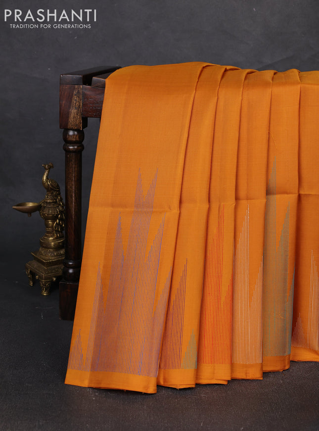 Pure soft silk saree dark mustard with plain body and temple design thread woven border