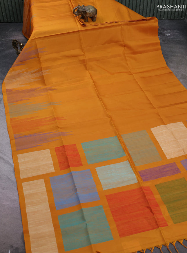 Pure soft silk saree dark mustard with plain body and temple design thread woven border