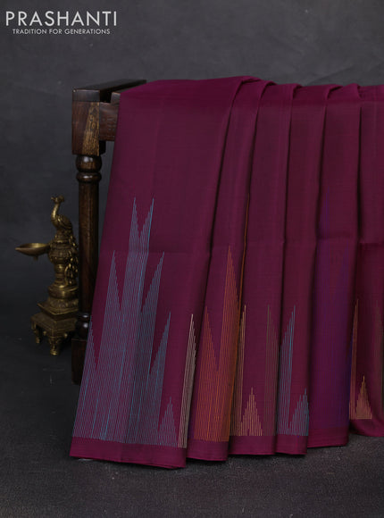 Pure soft silk saree dark magenta pink with plain body and temple design thread woven border