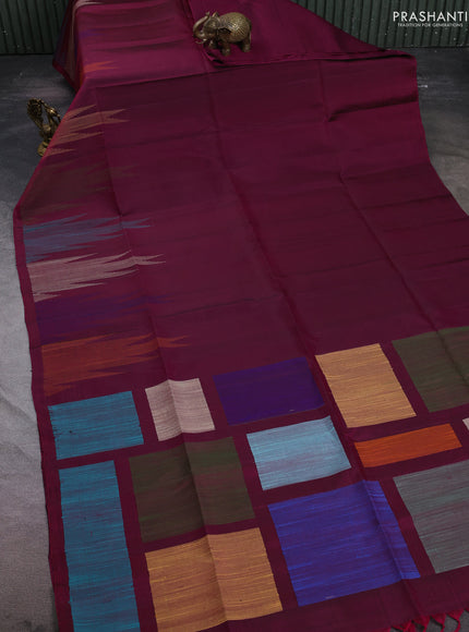 Pure soft silk saree dark magenta pink with plain body and temple design thread woven border