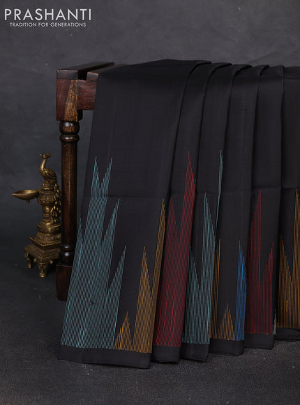 Pure soft silk saree black with plain body and temple design thread woven border