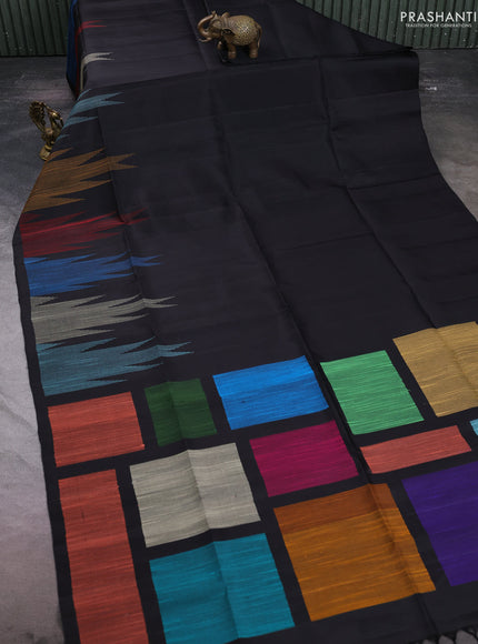 Pure soft silk saree black with plain body and temple design thread woven border