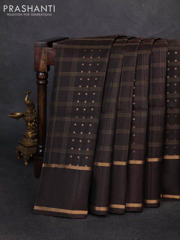 Pure soft silk saree coffee brown with allover zari checks & buttas and rettapet zari woven border