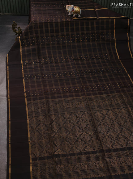 Pure soft silk saree coffee brown with allover zari checks & buttas and rettapet zari woven border
