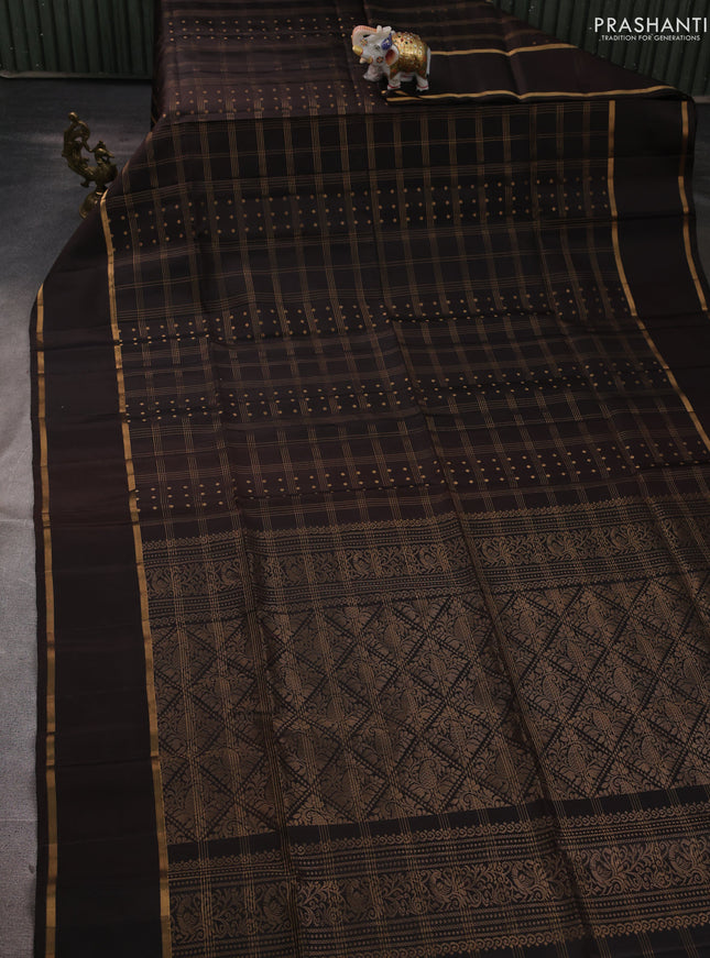Pure soft silk saree coffee brown with allover zari checks & buttas and rettapet zari woven border