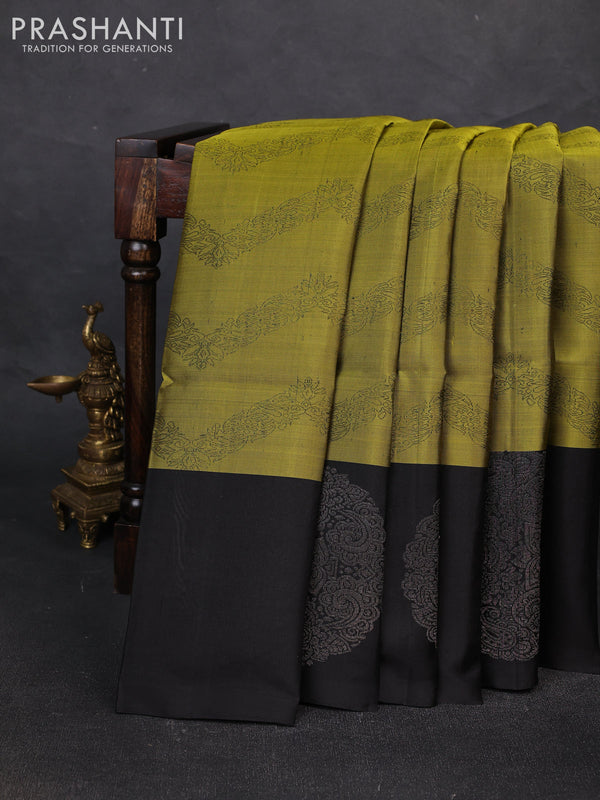 Pure soft silk saree olive green and black with allover weaves and silver zari woven butta border
