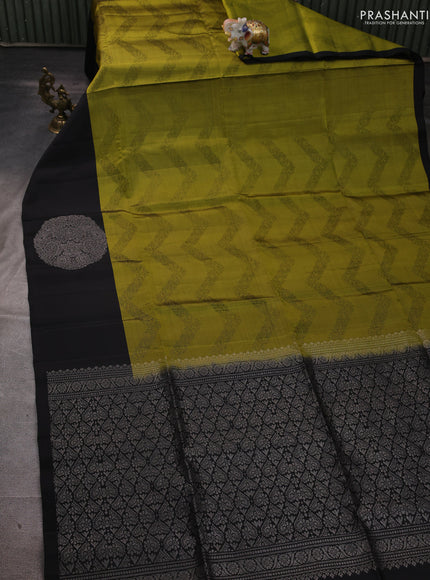 Pure soft silk saree olive green and black with allover weaves and silver zari woven butta border