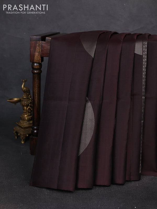 Pure soft silk saree deep coffee brown with zari woven geometric weaves in borderless style