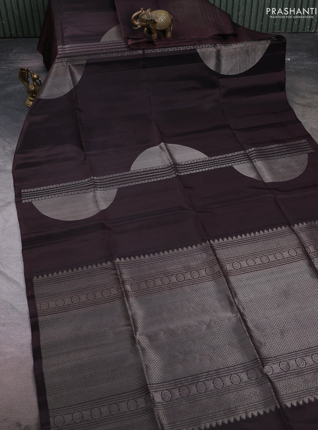 Pure soft silk saree deep coffee brown with zari woven geometric weaves in borderless style