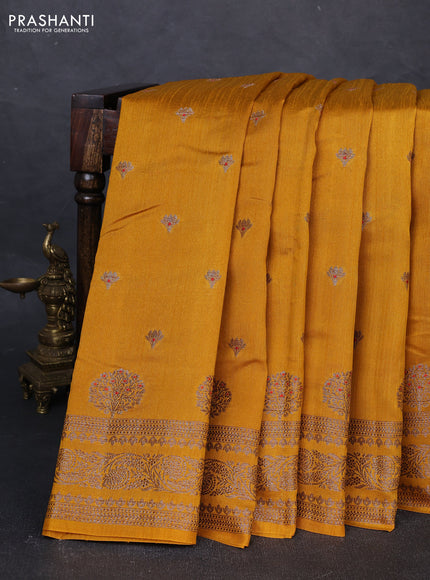 Banarasi semi matka silk saree mustard yellow with allover thread & zari woven buttas and woven border