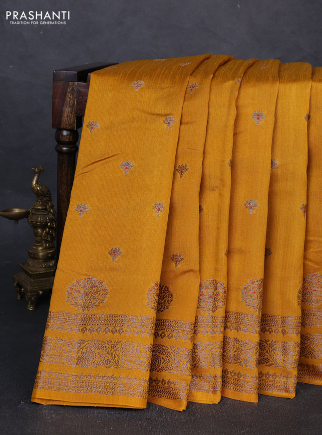 Banarasi semi matka silk saree mustard yellow with allover thread & zari woven buttas and woven border