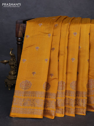 Banarasi semi matka silk saree mustard yellow with allover thread & zari woven buttas and woven border