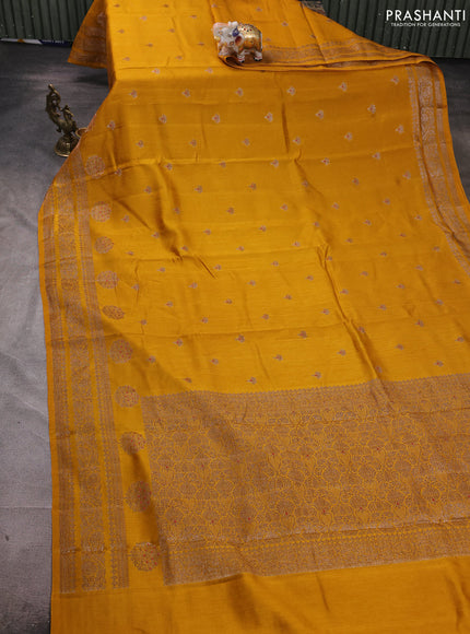 Banarasi semi matka silk saree mustard yellow with allover thread & zari woven buttas and woven border
