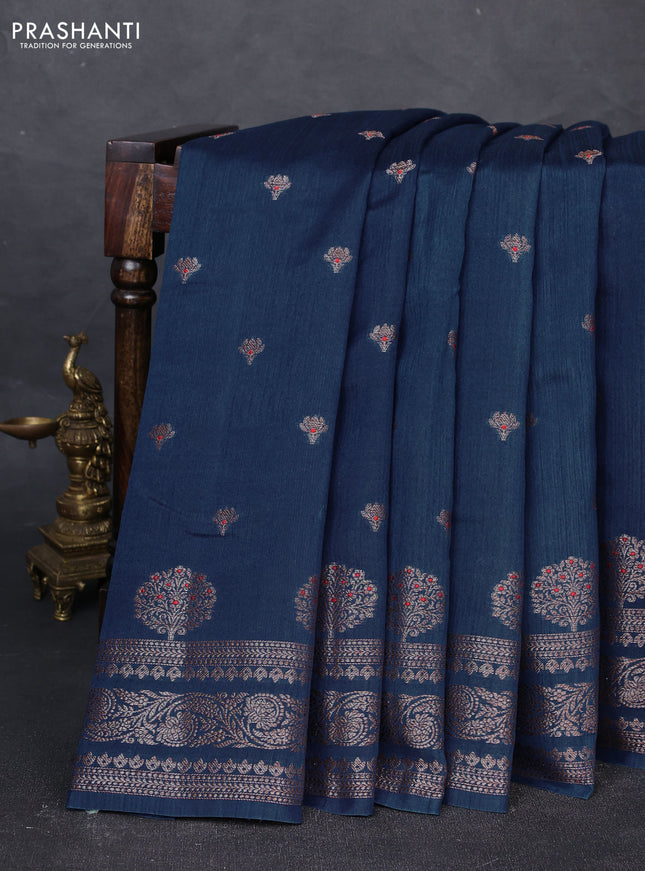 Banarasi semi matka silk saree peacock blue with allover thread & zari woven buttas and woven border