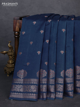 Banarasi semi matka silk saree peacock blue with allover thread & zari woven buttas and woven border