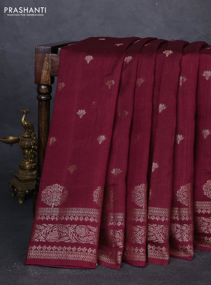 Banarasi semi matka silk saree wine shade with allover thread & zari woven buttas and woven border