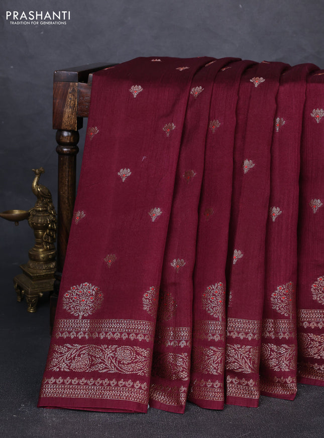Banarasi semi matka silk saree wine shade with allover thread & zari woven buttas and woven border
