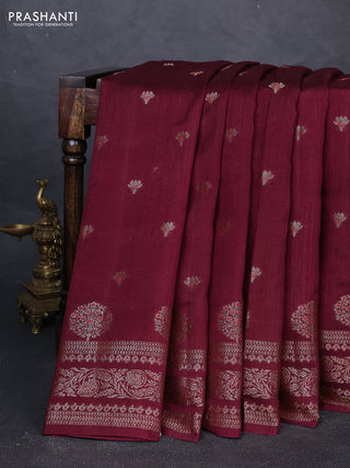 Banarasi semi matka silk saree wine shade with allover thread & zari woven buttas and woven border