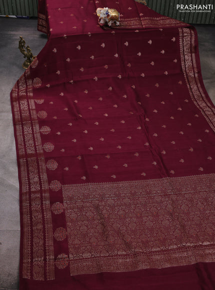 Banarasi semi matka silk saree wine shade with allover thread & zari woven buttas and woven border