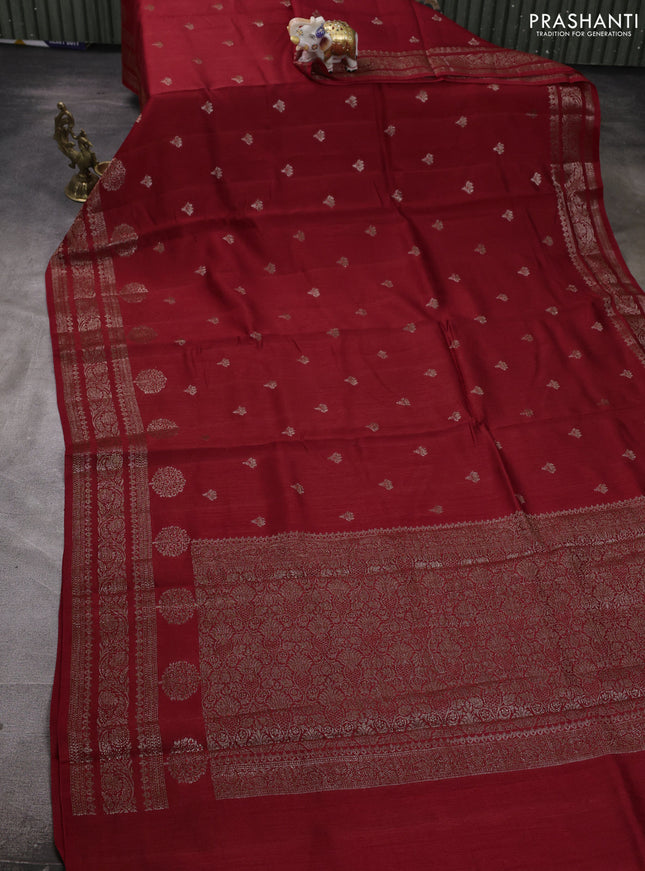 Banarasi semi matka silk saree maroon with allover thread & zari woven buttas and woven border
