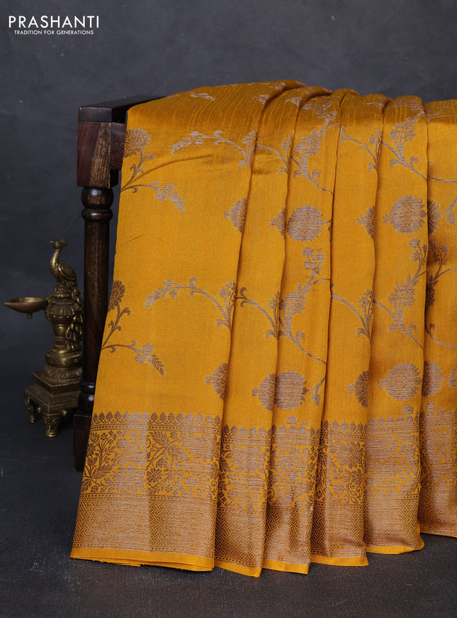 Banarasi semi matka silk saree mustard yellow with allover thread & zari weaves and woven border