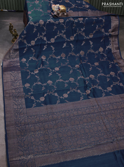 Banarasi semi matka silk saree peacock blue with allover thread & zari weaves and woven border