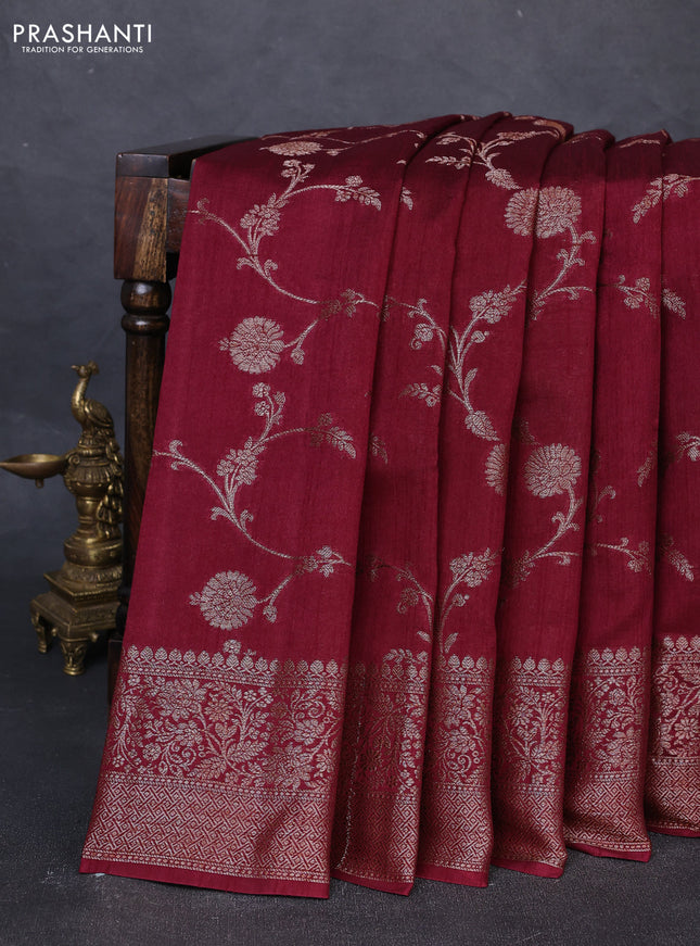 Banarasi semi matka silk saree wine shade with allover thread & zari weaves and woven border