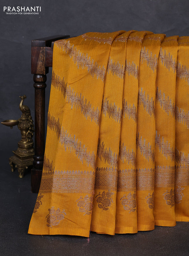 Banarasi semi matka silk saree mustard yellow with allover thread & zari weaves and woven border