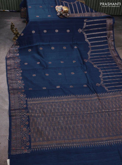 Banarasi semi matka silk saree peacock blue with allover thread & zari woven buttas and woven border