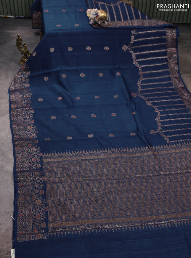 Banarasi semi matka silk saree peacock blue with allover thread & zari woven buttas and woven border
