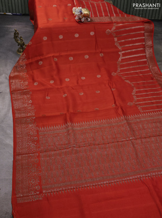 Banarasi semi matka silk saree orange with allover thread & zari woven buttas and woven border