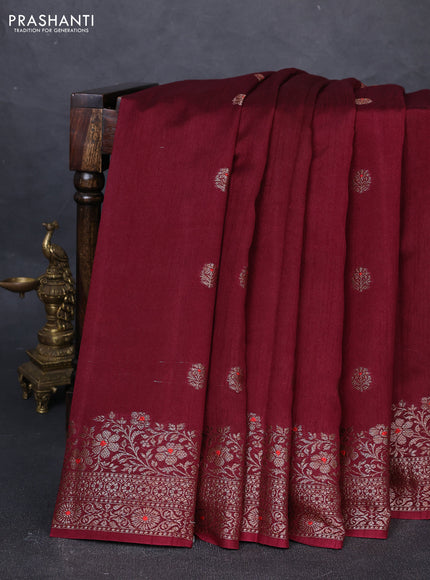 Banarasi semi matka silk saree deep wine shade with allover thread & zari woven buttas and woven border