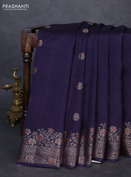 Banarasi semi matka silk saree navy blue with allover thread & zari woven buttas and woven border